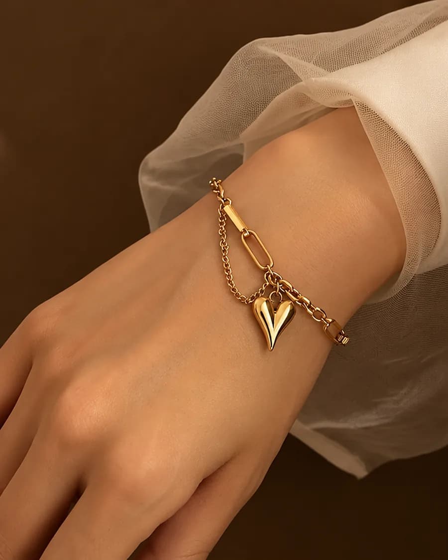 Amour Link Bracelet worn, photographed close in natural light
